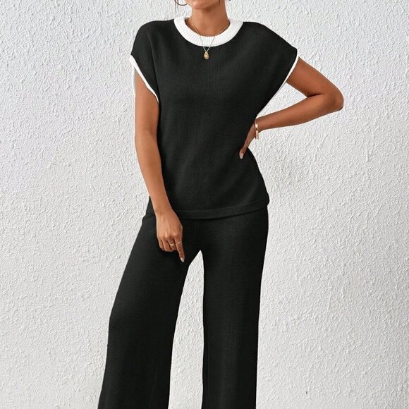 Black Preppy Women's Loose Knit Casual Contrast Trim Drawstring Sweater & Pants - Picture 5 of 7